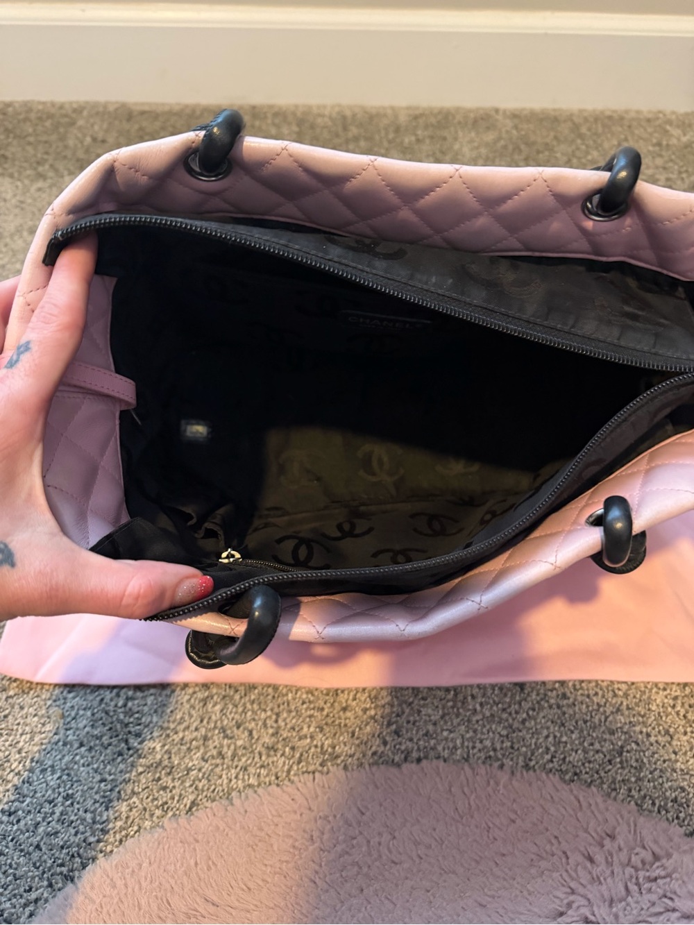 CHANEL Calfskin Quilted Large Cambon Tote Pink & Black Authentic - Picture 9 of 12